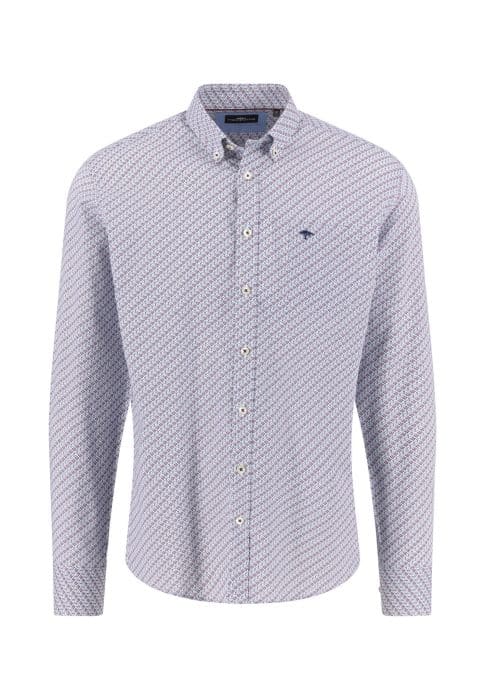 A long-sleeve, button-down mens shirt with a small geometric print pattern in blue and white, featuring a front pocket and a subtle embroidered logo on the chest.