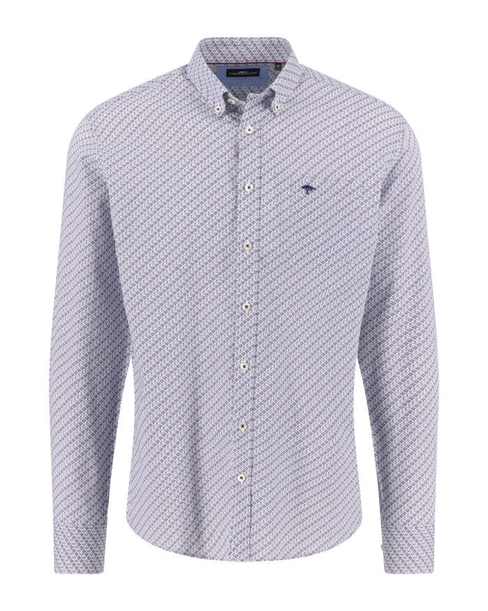 A long-sleeve, button-down mens shirt with a small geometric print pattern in blue and white, featuring a front pocket and a subtle embroidered logo on the chest.
