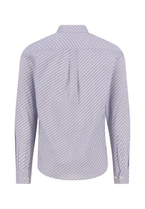 Back view of a long-sleeve button-up shirt with a subtle repeating geometric pattern in light shades; features a collar, buttoned cuffs, and a pleat in the center of the upper back.