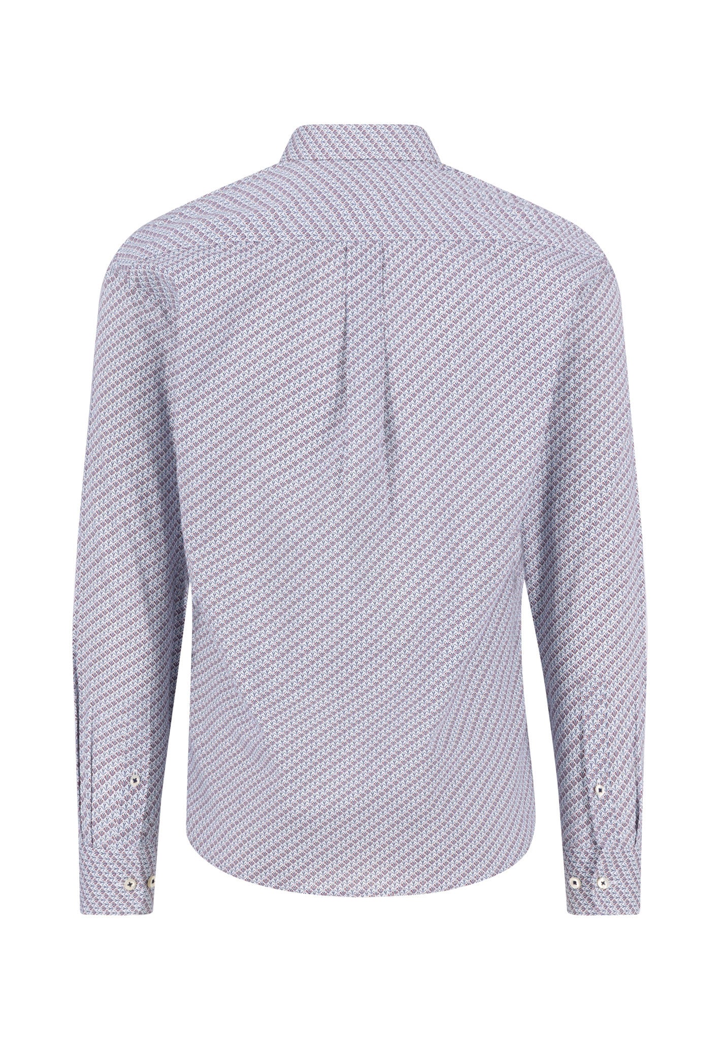 Back view of a long-sleeve button-up shirt with a subtle repeating geometric pattern in light shades; features a collar, buttoned cuffs, and a pleat in the center of the upper back.