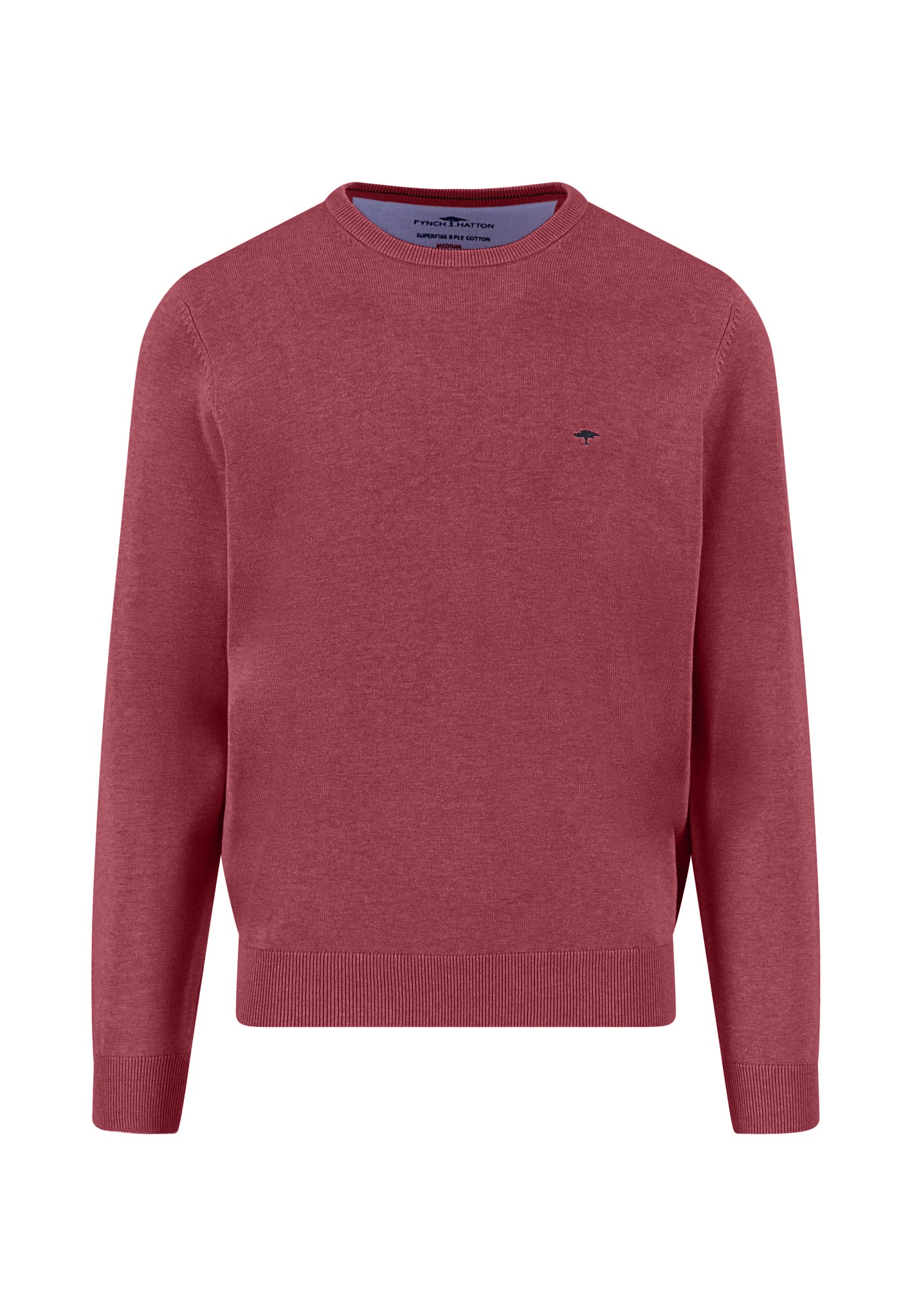 A plain, long-sleeved, crew neck sweater in a muted red color with a small, dark embroidered logo on the left chest. The sweater has ribbed cuffs, hem, and neckline.