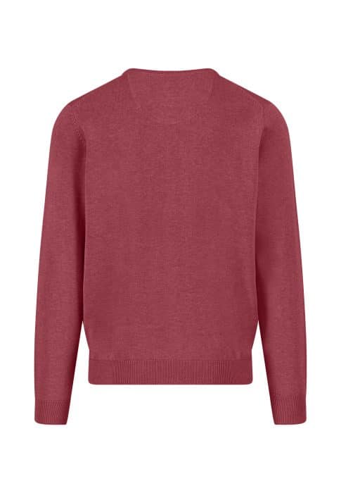 A plain, long-sleeve, crew-neck sweater in a solid dusty rose color, shown from the back against a white background. The sweater features ribbed cuffs and a ribbed hem.