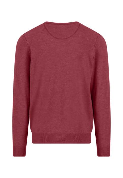 A plain, long-sleeved, crew-neck sweater in a solid burgundy color, displayed against a white background.