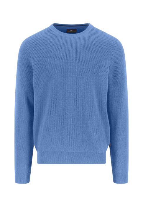 A plain, long-sleeved, crew neck sweater in light blue, displayed on a white background.