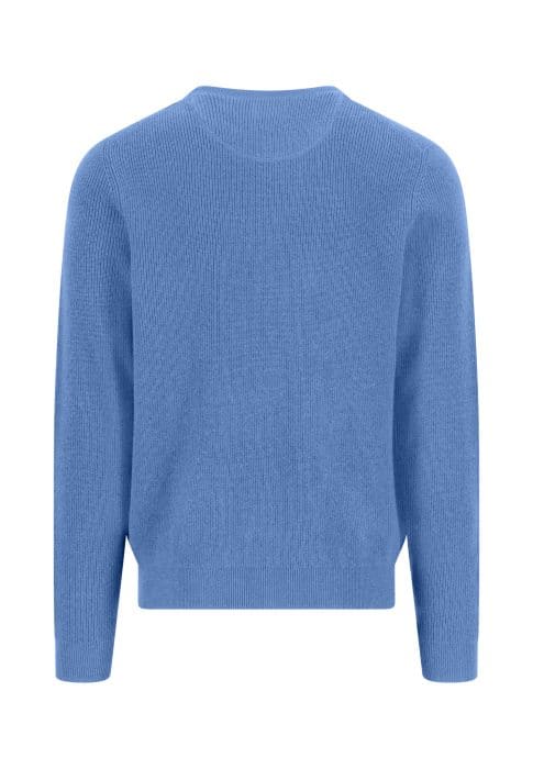 A plain, long-sleeved, light blue knit sweater is shown from the back against a white background.