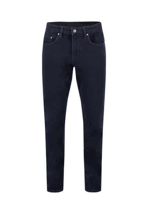 A pair of dark blue slim-fit jeans with front and back pockets, a button closure, and belt loops, displayed against a white background.