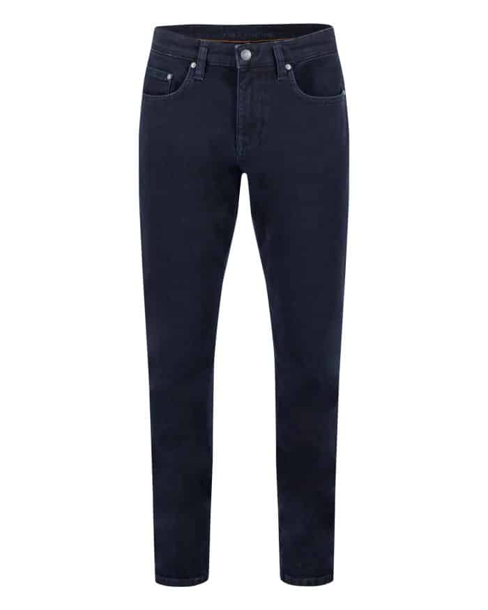 A pair of dark blue slim-fit jeans with front and back pockets, a button closure, and belt loops, displayed against a white background.