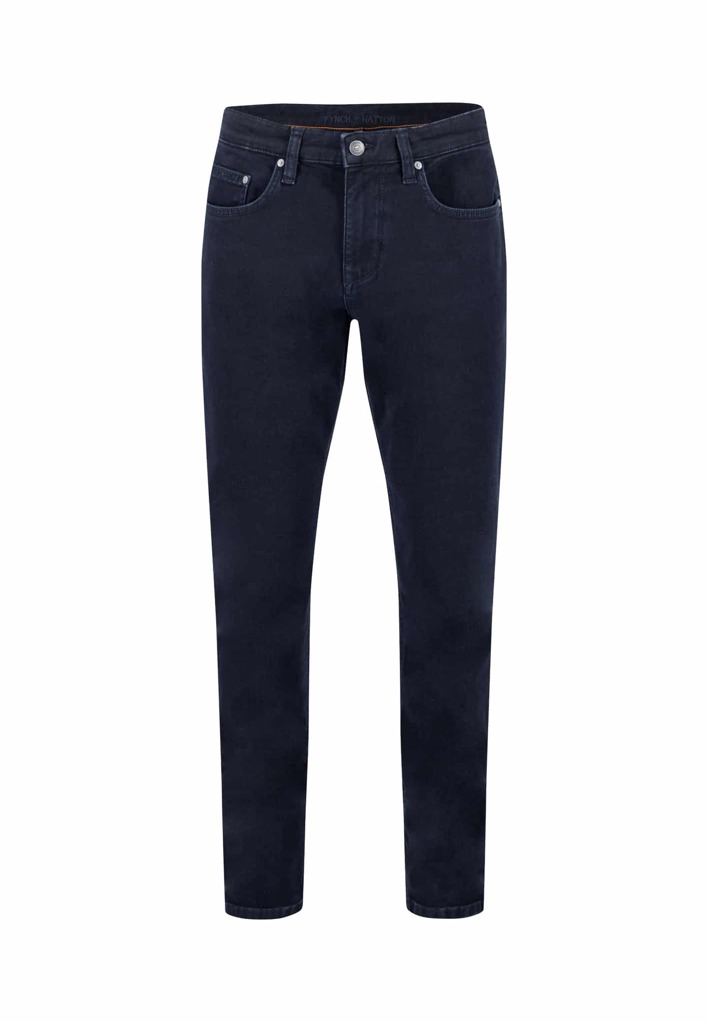 A pair of dark blue slim-fit jeans with front and back pockets, a button closure, and belt loops, displayed against a white background.