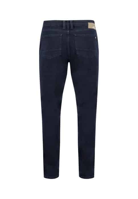 Dark blue denim jeans shown from the back, featuring two rear pockets, belt loops, and a beige label on the waistband. The jeans have a slim, tapered fit.
