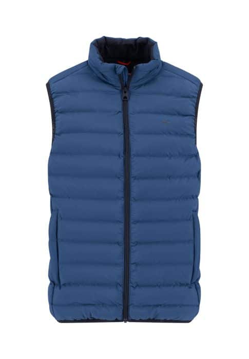 A blue, sleeveless puffer vest with horizontal quilting, front zipper closure, and two side pockets. The vest has a high collar and a subtle logo on the left chest.