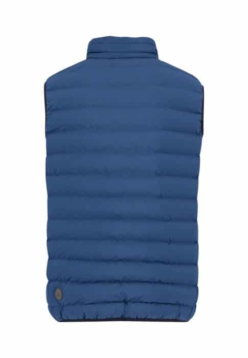 A blue, quilted puffer vest is shown from the back, featuring horizontal stitching and a high collar. There is a small circular patch near the bottom left hem.
