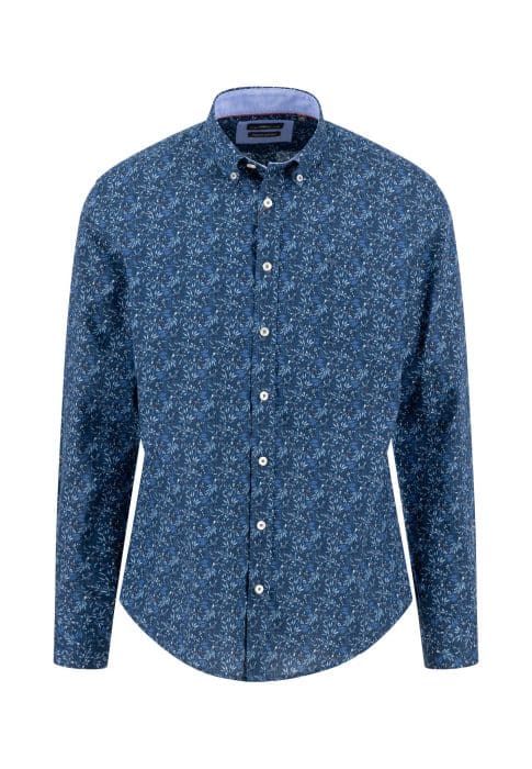 A long-sleeve, button-down shirt with a blue base color featuring an all-over small white floral pattern and a light blue inner collar lining.