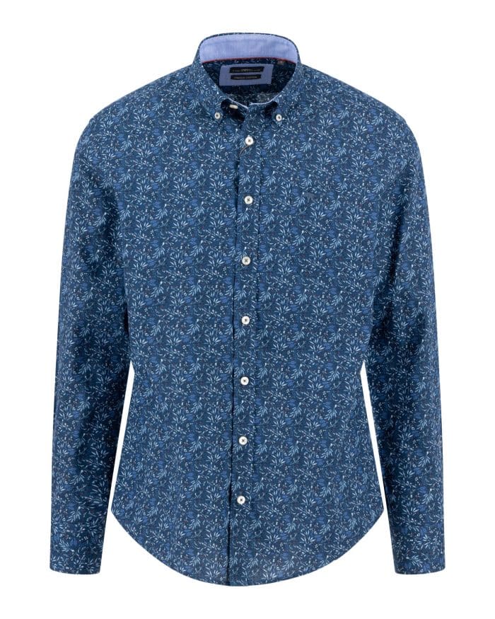 A long-sleeve, button-down shirt with a blue base color featuring an all-over small white floral pattern and a light blue inner collar lining.