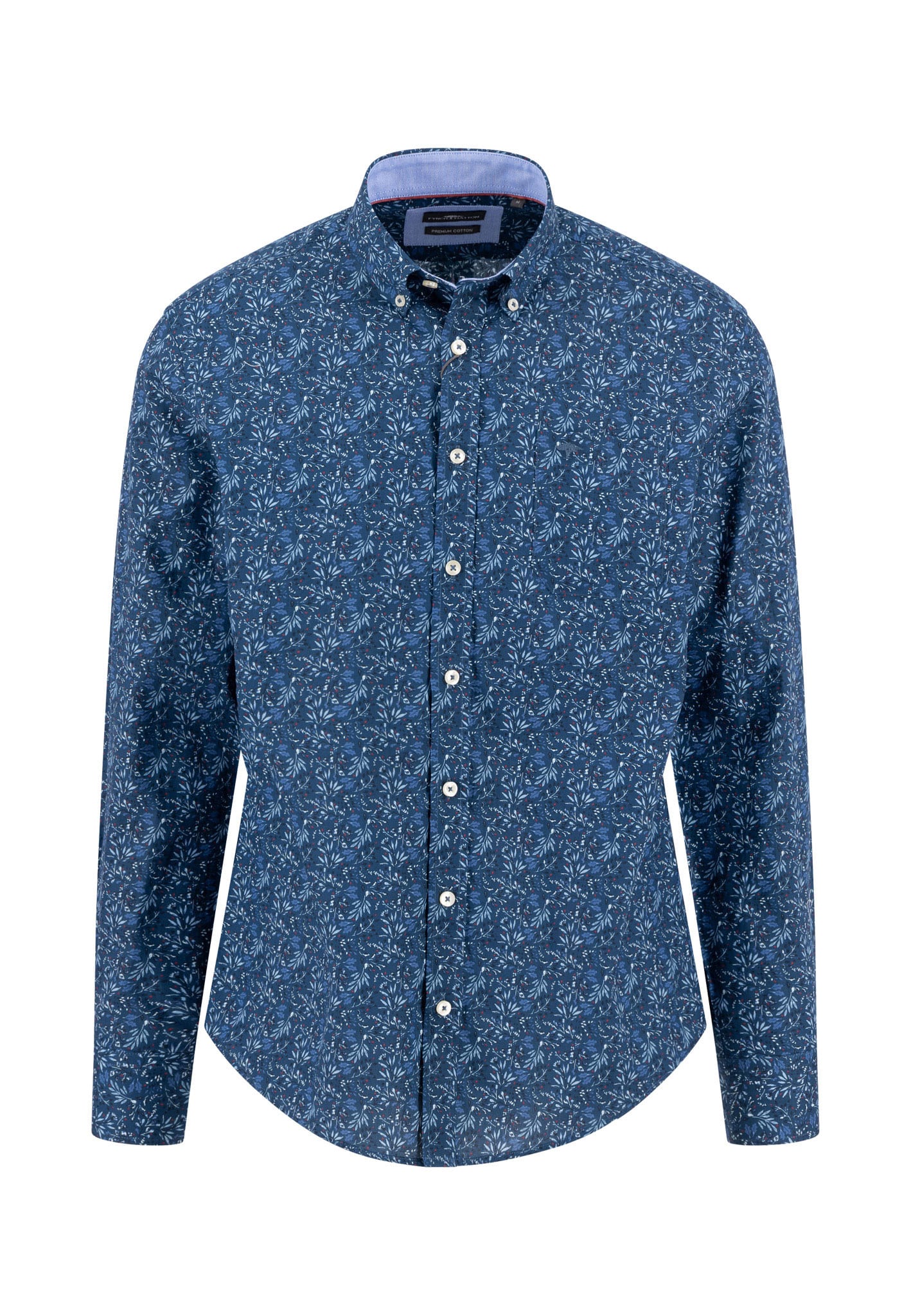 A long-sleeve, button-down shirt with a blue base color featuring an all-over small white floral pattern and a light blue inner collar lining.