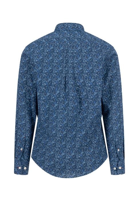 Back view of a long-sleeve, dark blue button-up shirt with a light blue and white floral pattern. The shirt has a curved hem and white buttons on the cuffs.