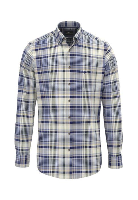A long-sleeve button-up shirt with a blue, white, and beige plaid pattern, featuring a collar and a front pocket on the left chest.