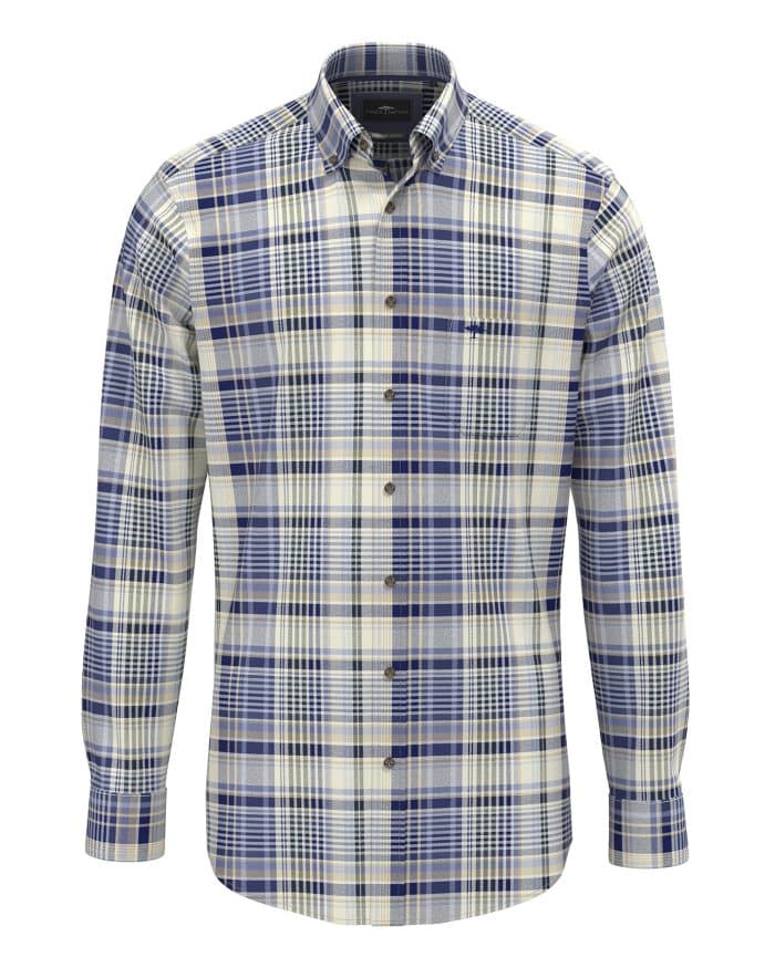 A long-sleeve button-up shirt with a blue, white, and beige plaid pattern, featuring a collar and a front pocket on the left chest.