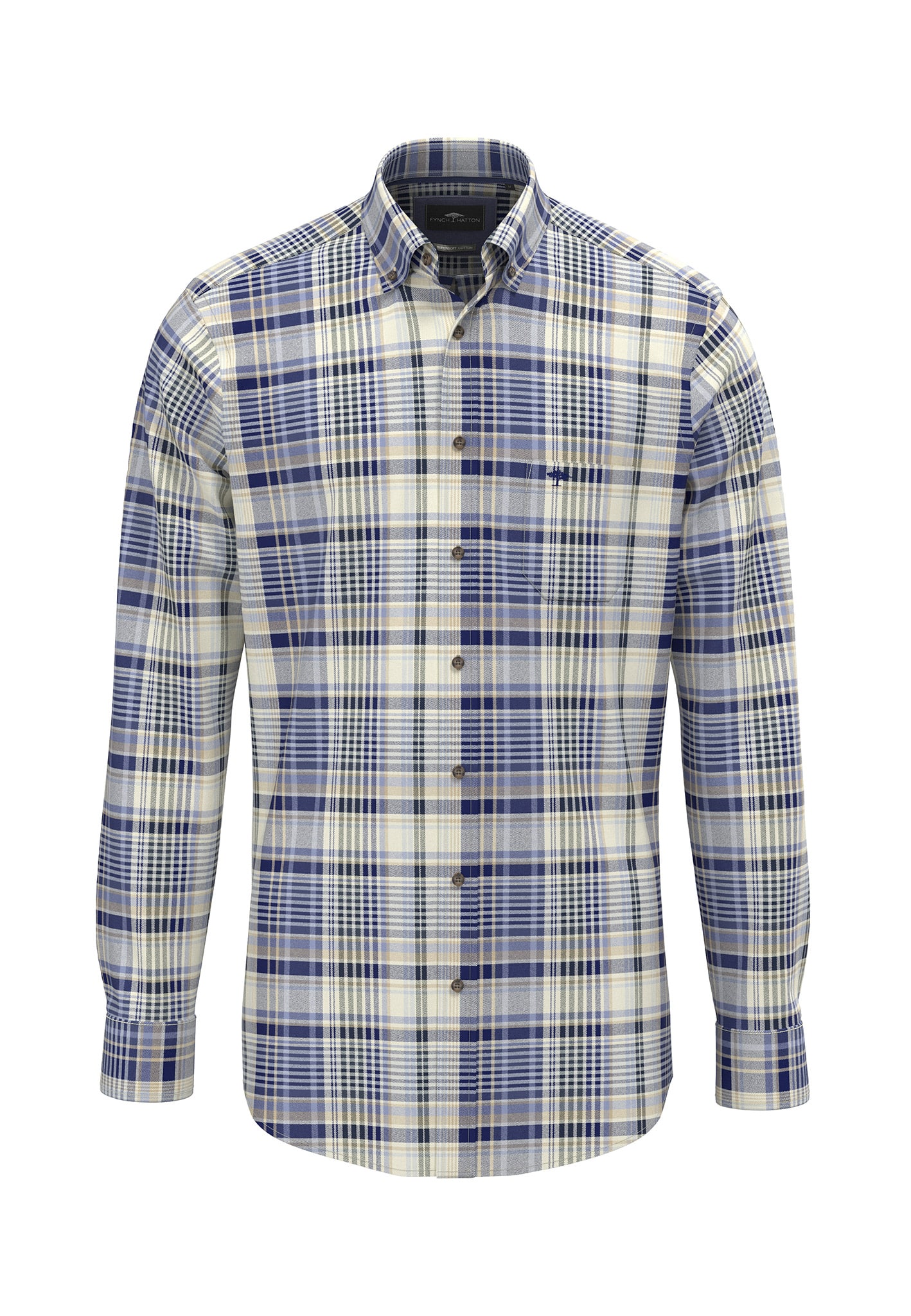 A long-sleeve button-up shirt with a blue, white, and beige plaid pattern, featuring a collar and a front pocket on the left chest.