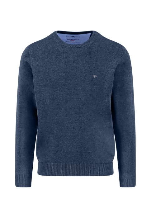 A plain, long-sleeved, crew neck sweater in a muted blue color with subtle ribbed cuffs and hem, and a small embroidered logo on the left chest.