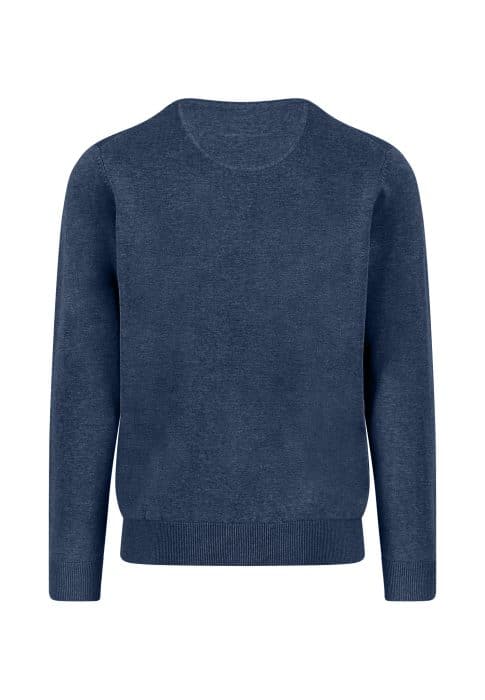 A plain, long-sleeved, dark blue knit sweater with a crew neckline, displayed on a white background.