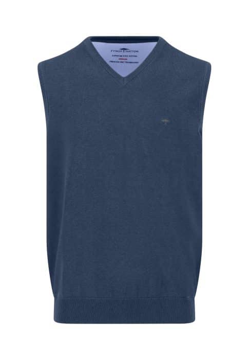 A sleeveless navy blue V-neck sweater vest, featuring ribbed edges at the hem and armholes, with a small embroidered logo on the left chest.