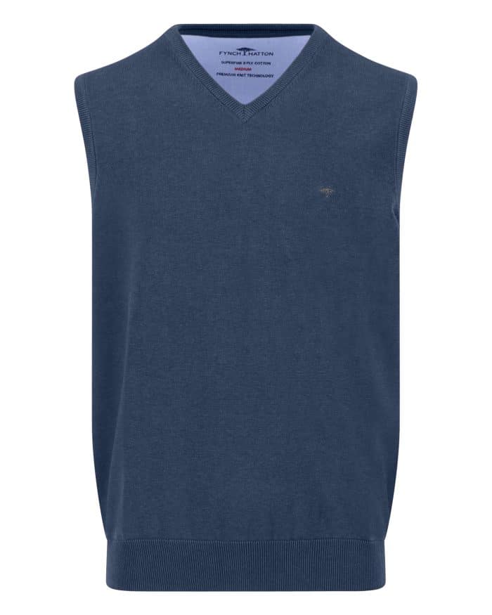 A sleeveless navy blue V-neck sweater vest, featuring ribbed edges at the hem and armholes, with a small embroidered logo on the left chest.