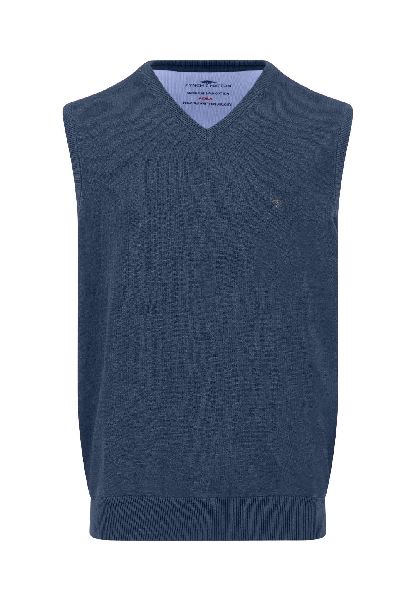 A sleeveless navy blue V-neck sweater vest, featuring ribbed edges at the hem and armholes, with a small embroidered logo on the left chest.