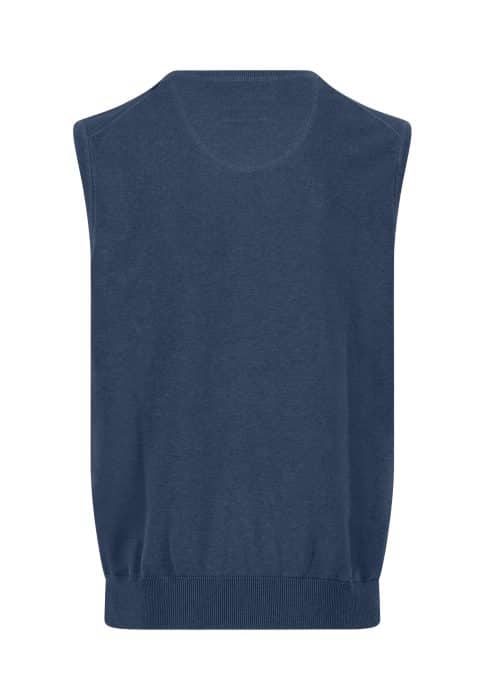 A sleeveless, navy blue knit sweater vest with a round neckline and ribbed hem, displayed on a plain white background.