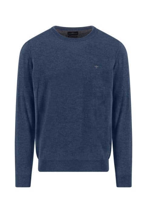 A blue long-sleeve crew neck sweater with ribbed cuffs and hem, featuring a small embroidered logo on the left chest. The sweater is displayed on a plain white background.