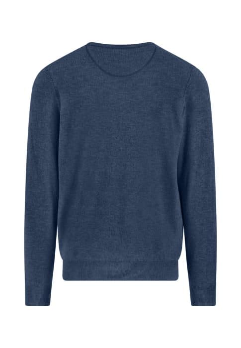 A plain, long-sleeve, crew neck sweater in a solid navy blue color, displayed on a white background.