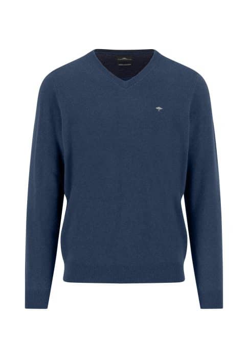 A blue V-neck sweater with long sleeves, featuring a small embroidered logo on the left chest. The sweater has a ribbed hem and cuffs, and is displayed on a plain white background.
