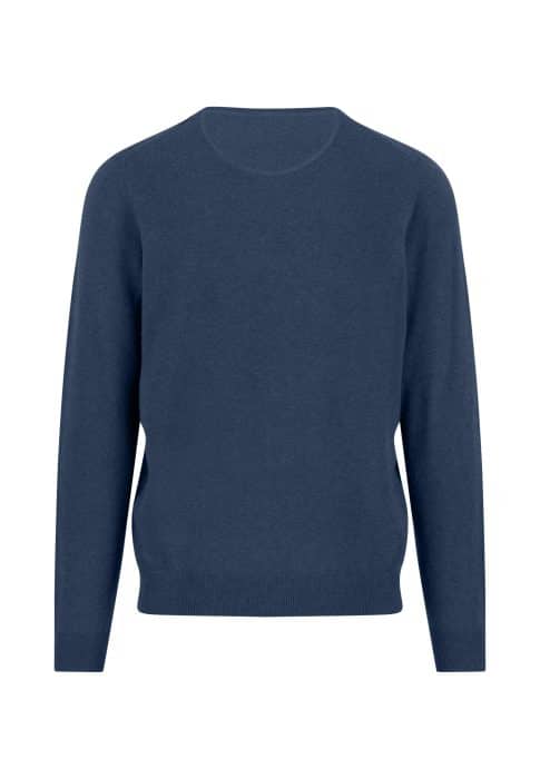 A plain, long-sleeve, navy blue crew neck sweater is displayed on a white background.