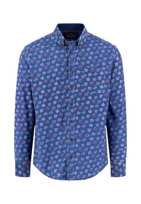 Blue long-sleeve button-up shirt with a small, repeating floral pattern in light blue, white, and purple tones, featuring a chest pocket and a button-down collar.
