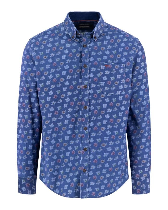 Blue long-sleeve button-up shirt with a small, repeating floral pattern in light blue, white, and purple tones, featuring a chest pocket and a button-down collar.
