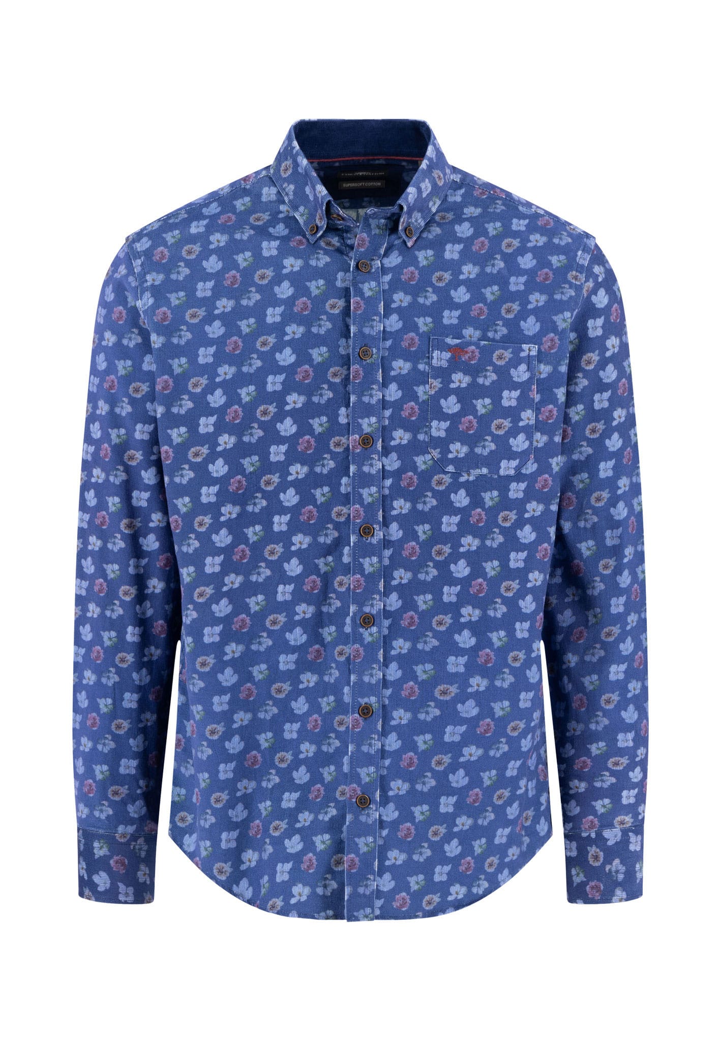 Blue long-sleeve button-up shirt with a small, repeating floral pattern in light blue, white, and purple tones, featuring a chest pocket and a button-down collar.