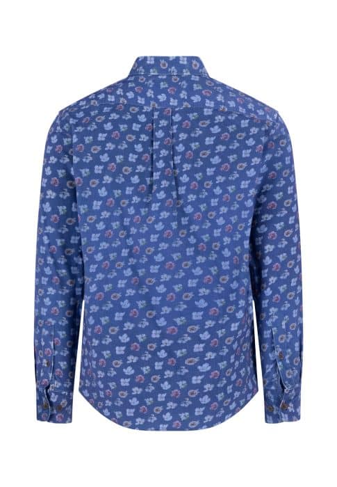 A long-sleeved, button-up shirt with a blue base and an all-over pattern of small, light blue and red floral prints, shown from the back.