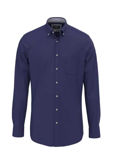 A long-sleeved, button-up shirt in solid navy blue with a single chest pocket and button-down collar, displayed on a white background.