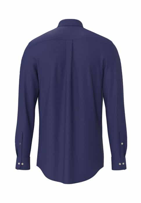A navy blue long-sleeve button-up shirt shown from the back, featuring a pleat in the center, buttoned cuffs, and a curved hem.