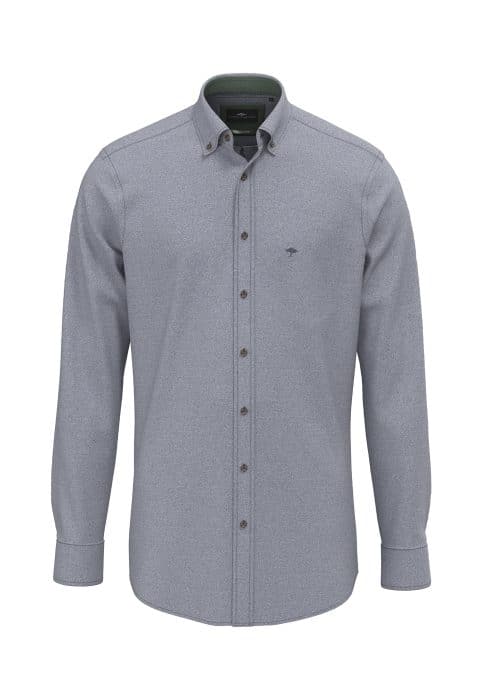 A long-sleeved, button-up, light gray mens dress shirt with a collar and subtle embroidered logo on the left chest. The shirt is neatly pressed and displayed on a plain white background.