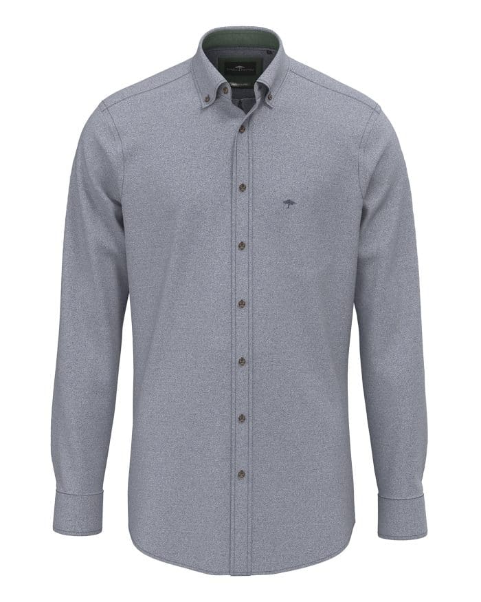 A long-sleeved, button-up, light gray mens dress shirt with a collar and subtle embroidered logo on the left chest. The shirt is neatly pressed and displayed on a plain white background.