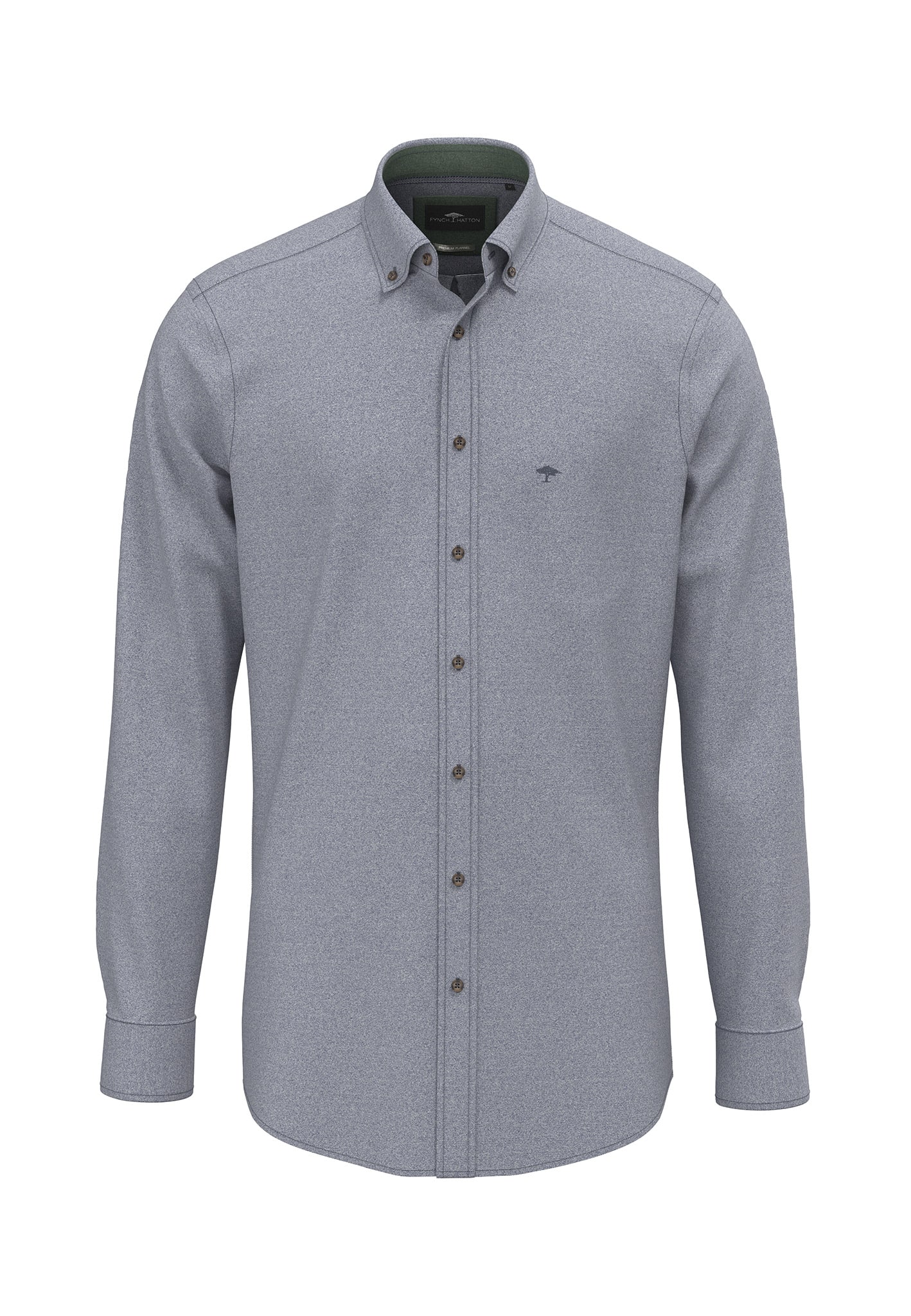 A long-sleeved, button-up, light gray mens dress shirt with a collar and subtle embroidered logo on the left chest. The shirt is neatly pressed and displayed on a plain white background.