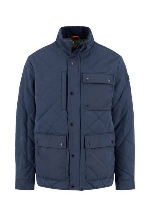 A navy blue quilted jacket with a high collar, button and zipper closure, and four front flap pockets, displayed on a plain white background.