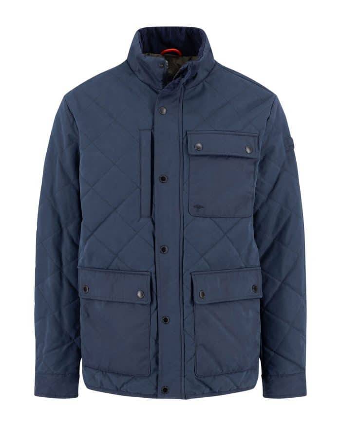 A navy blue quilted jacket with a high collar, button and zipper closure, and four front flap pockets, displayed on a plain white background.