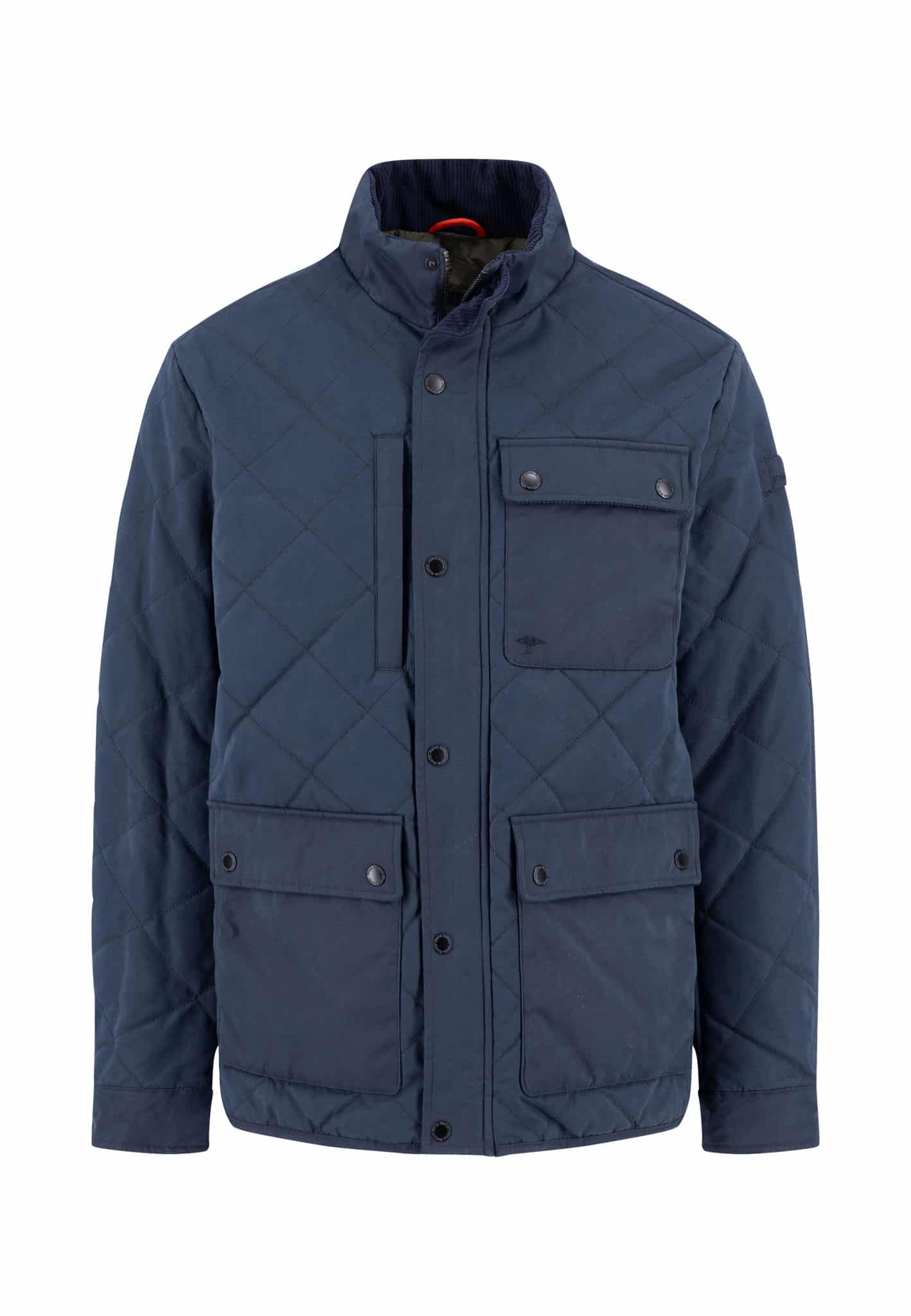 A navy blue quilted jacket with a high collar, button and zipper closure, and four front flap pockets, displayed on a plain white background.