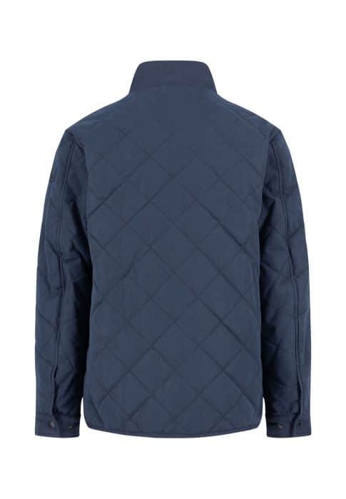 Navy blue quilted jacket shown from the back, featuring a diamond pattern, long sleeves with buttoned cuffs, and a straight hem. The collar and shoulders are plain.