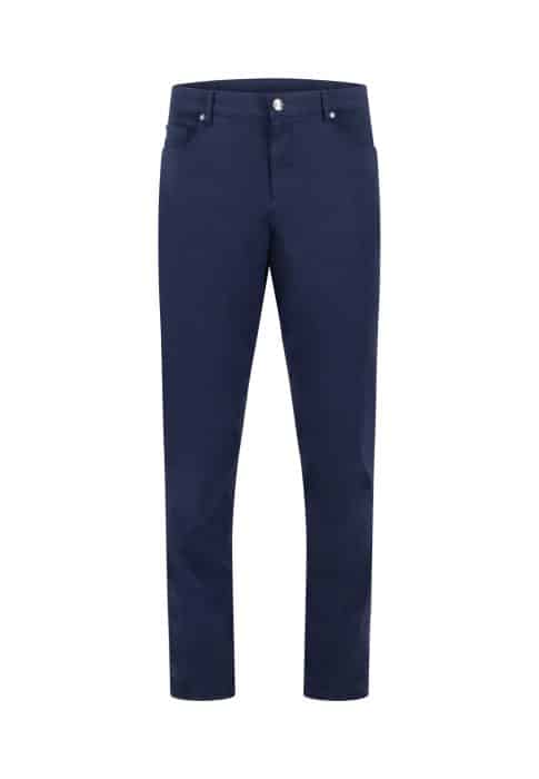 A pair of classic navy blue straight-leg pants with front and back pockets, belt loops, and a button closure, displayed on a plain white background.