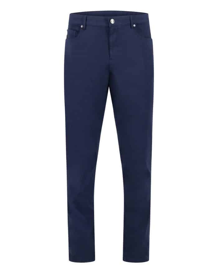A pair of classic navy blue straight-leg pants with front and back pockets, belt loops, and a button closure, displayed on a plain white background.
