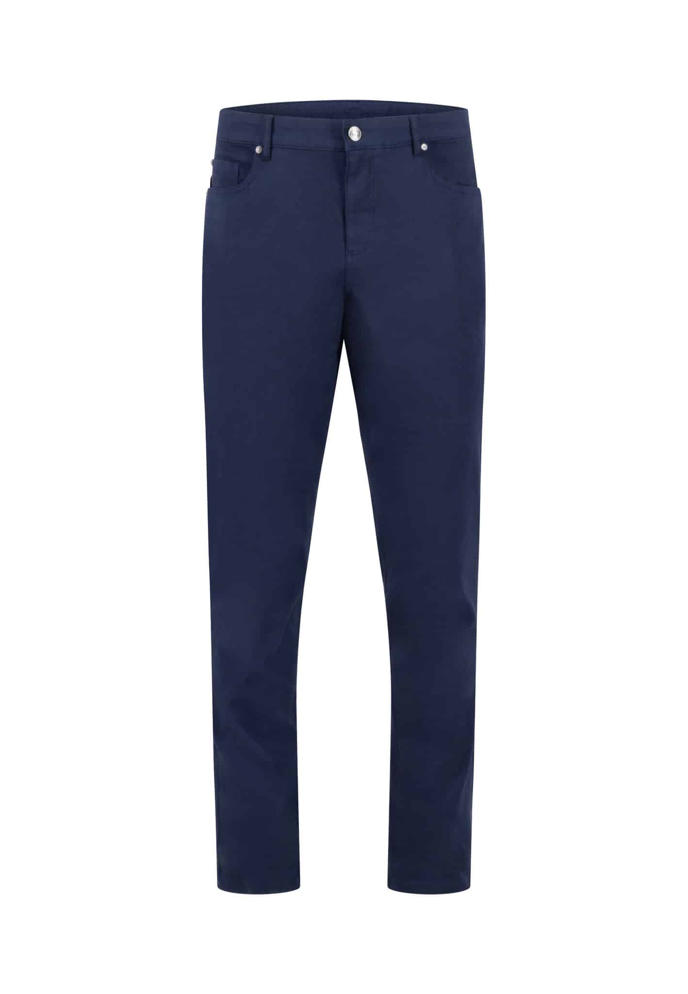 A pair of classic navy blue straight-leg pants with front and back pockets, belt loops, and a button closure, displayed on a plain white background.