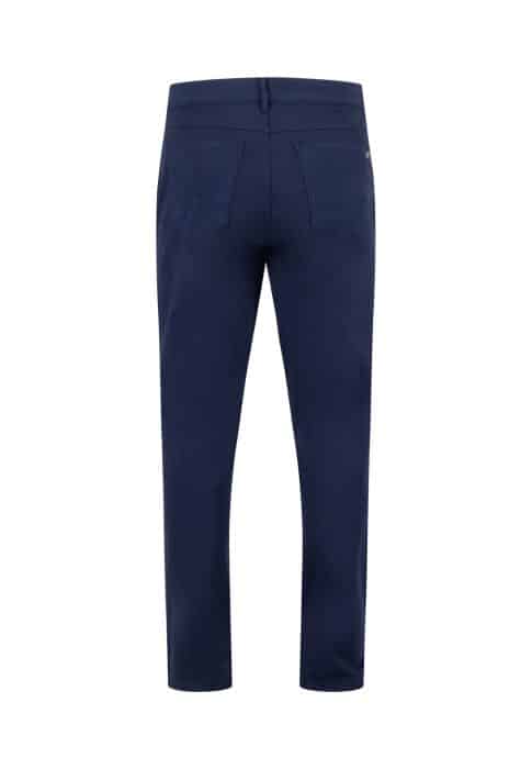 Back view of a pair of navy blue pants with two back pockets, shown against a white background.