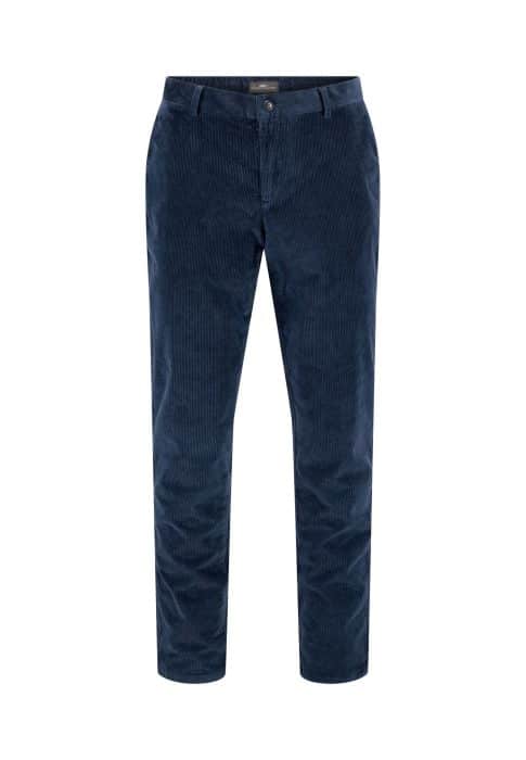 Navy blue corduroy trousers displayed on a white background. The pants have a button and zipper closure, belt loops, and side pockets.